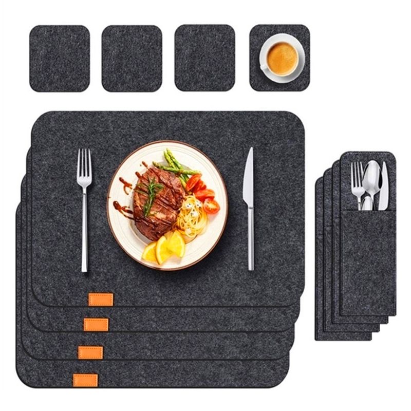 Placemat Cup Mat Set Felt Heat Insulation with Fork Bag Tableware Mat for Home Kitchen Dark Gray
