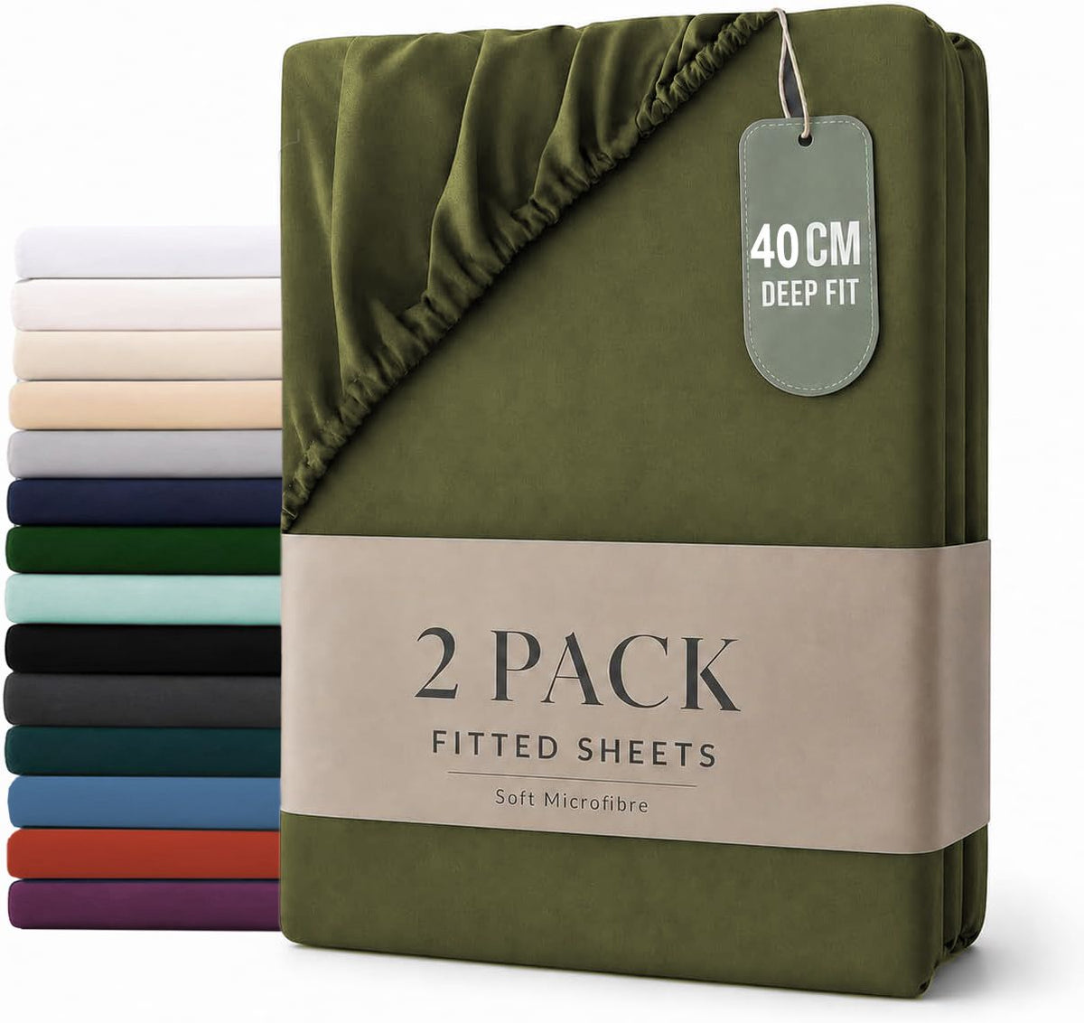 Hotel Quality Fitted sheets - 2 Piece Fitted sheets  -Breathable Bedding - Wrinkle, Fade, Stain Resistant- 26inch/40cm Deep Pocket Fitted Bed Sheet-Wrinkle and Fade Resistant,(Olive green,Double)