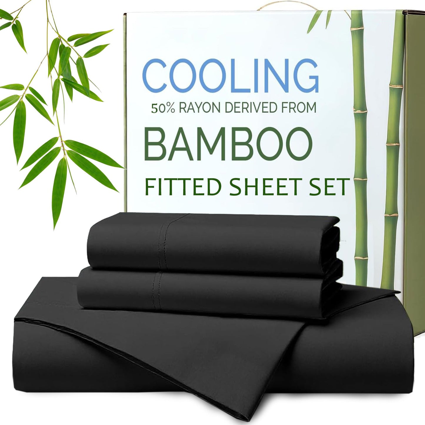 Hotel Breathable Bamboo Fitted Sheet & Pillowcase-3 Piece-Ultra Soft 2000TC Breathable Fitted Bed Sheets Set with 37 Centimetre Deep Pocket-Cooling Sheets for Hot Sleepers(Black,King)
