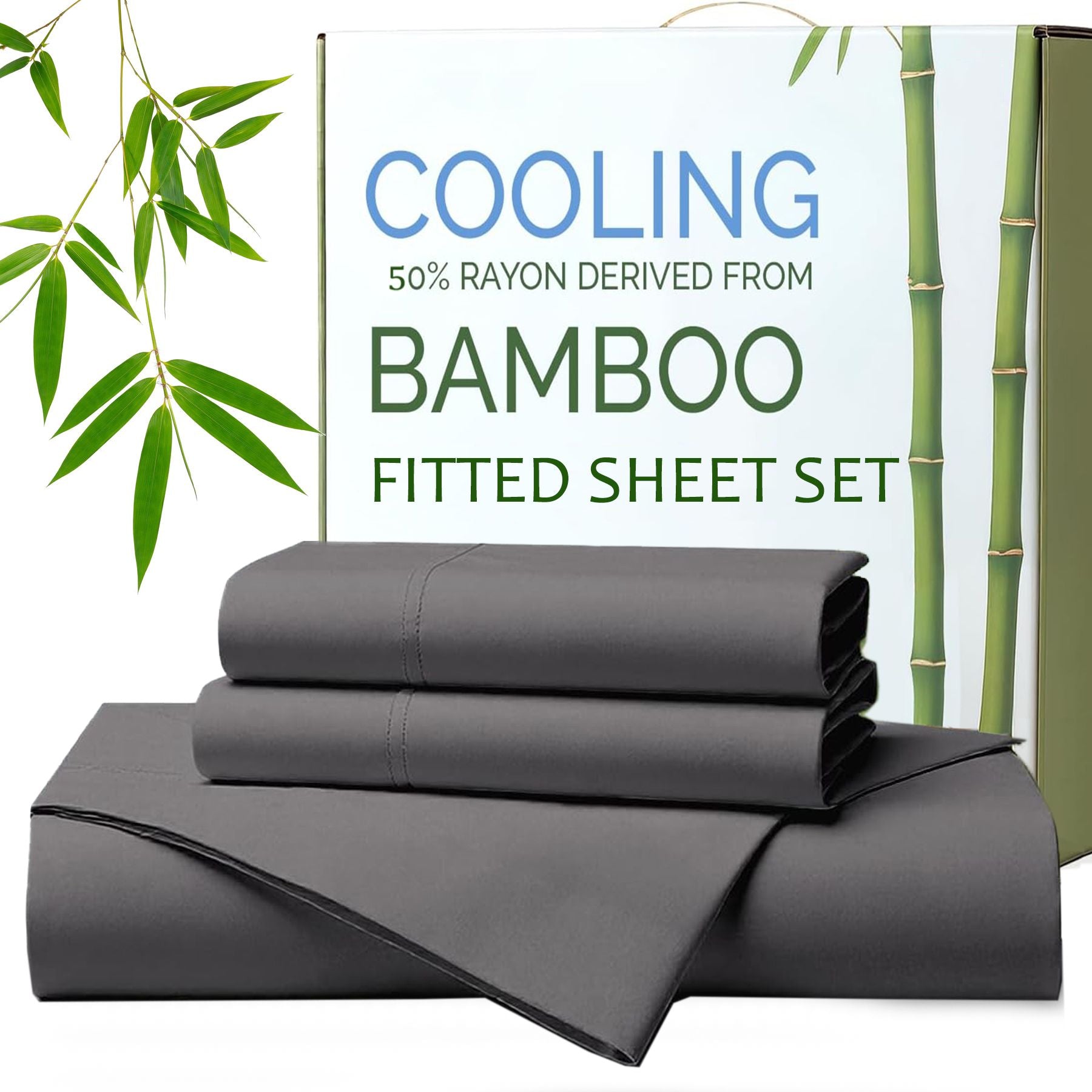 Hotel Breathable Bamboo Fitted Sheet & Pillowcase-3 Piece-Ultra Soft 2000TC Breathable Fitted Bed Sheets Set with 37 Centimetre Deep Pocket-Cooling Sheets for Hot Sleepers(Grey,King)