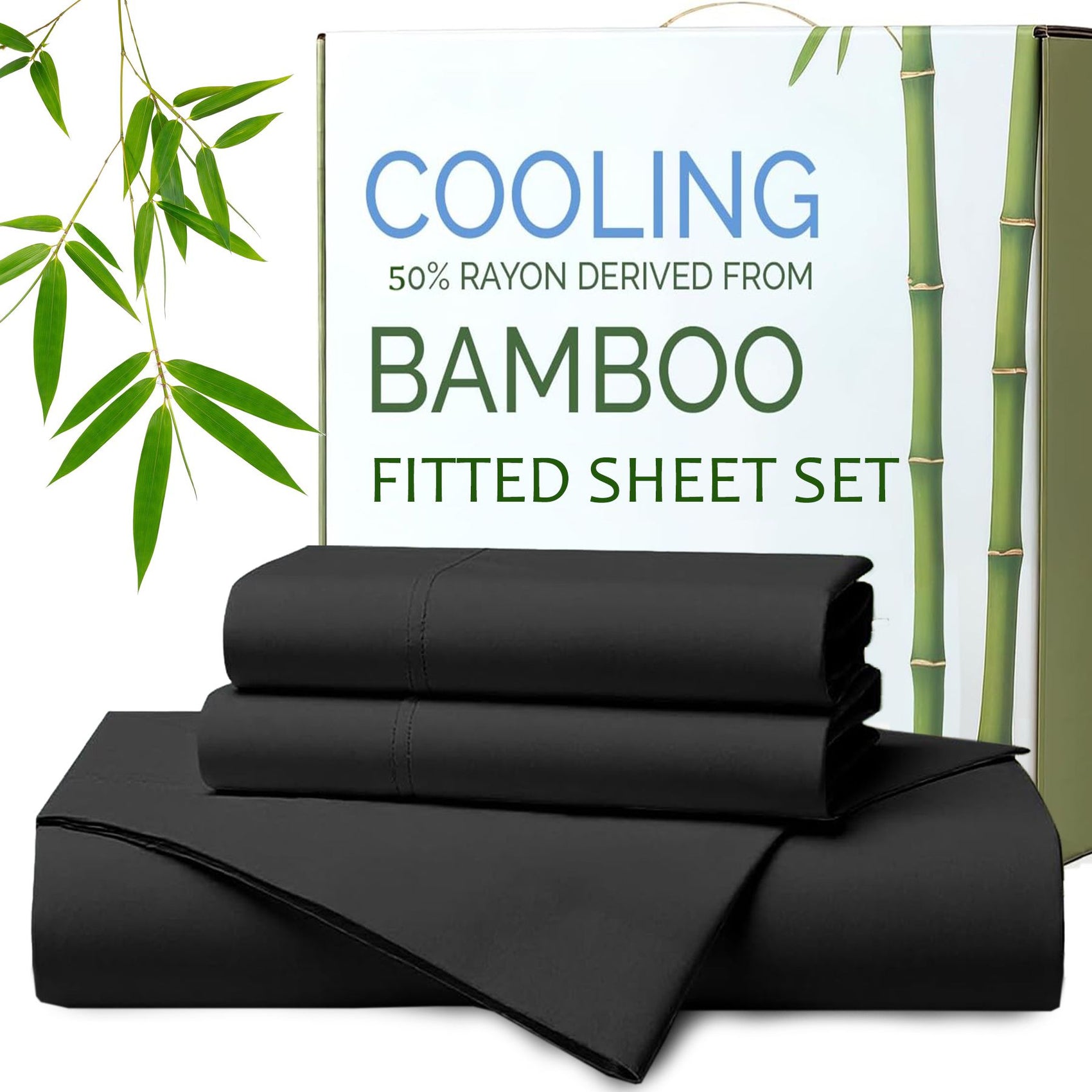 Hotel Breathable Bamboo Fitted Sheet & Pillowcase-3 Piece-Ultra Soft 2000TC Breathable Fitted Bed Sheets Set with 37 Centimetre Deep Pocket-Cooling Sheets for Hot Sleepers(Black,Queen)