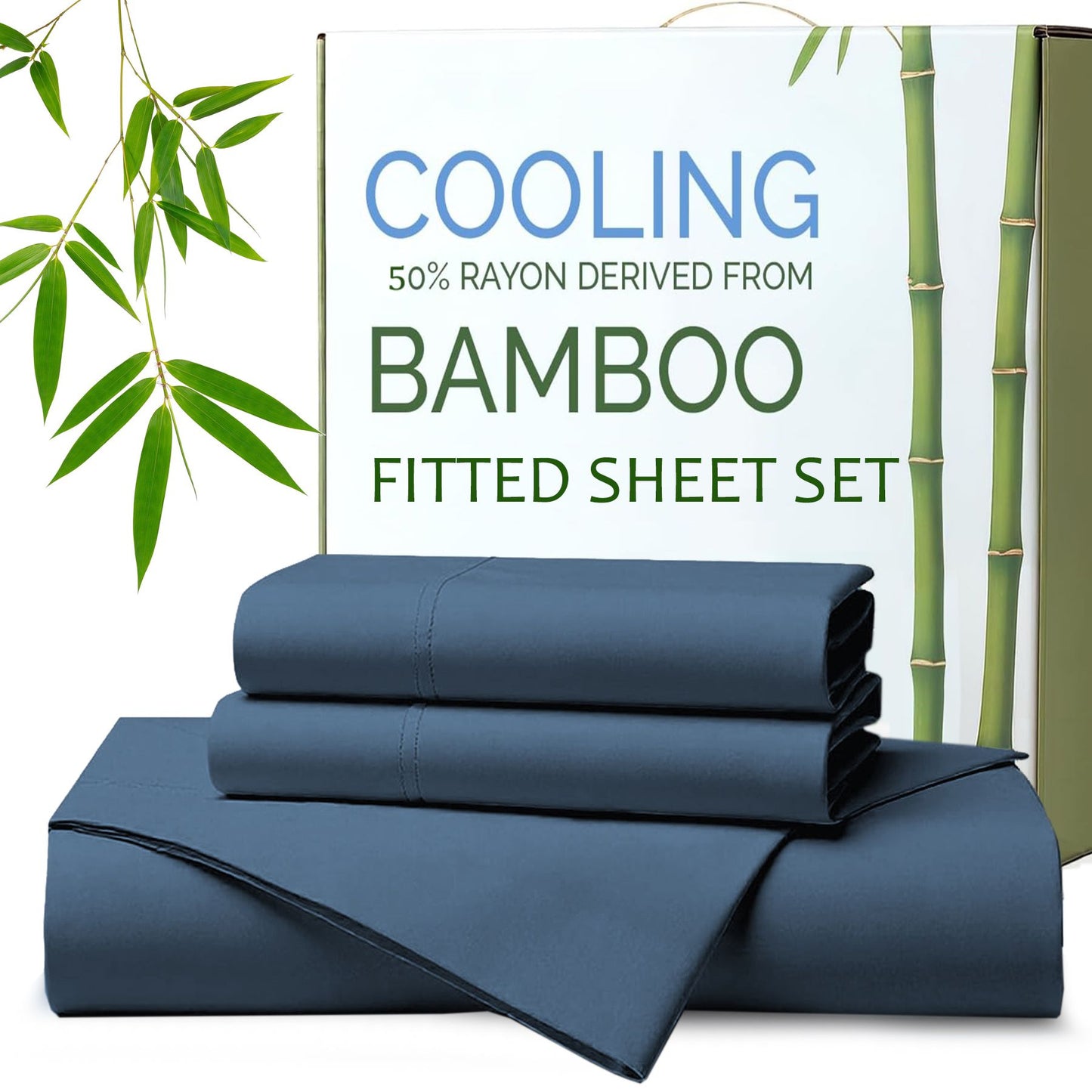 Hotel Breathable Bamboo Fitted Sheet & Pillowcase-3 Piece-Ultra Soft 2000TC Breathable Fitted Bed Sheets Set with 37 Centimetre Deep Pocket-Cooling Sheets for Hot Sleepers(Navy,Queen)