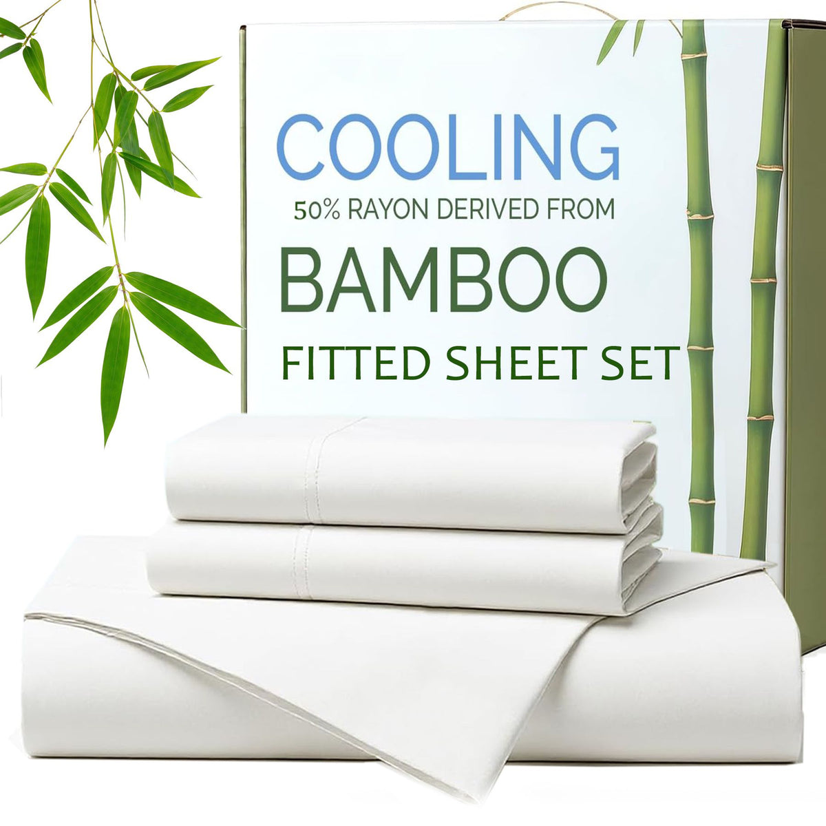 Hotel Breathable Bamboo Fitted Sheet & Pillowcase-3 Piece-Ultra Soft 2000TC Breathable Fitted Bed Sheets Set with 40 Centimetre Deep Pocket-Cooling Sheets for Hot Sleepers(White,Super King)
