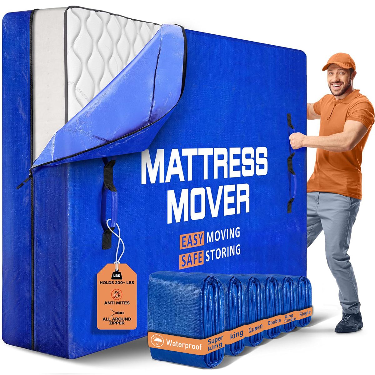 Waterproof Mattress Bag Mattresses Protector Plastic Moving Storage Dust Cover Carry Bed Zipper Packing Reusable Disposal, Extra Thick Heavy Duty, with 8 Handles(Queen)