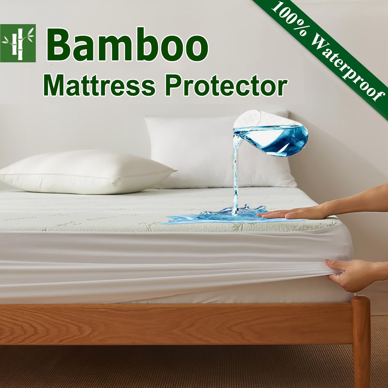 Bamboo Mattress Protector,Breathable Waterproof Mattress Cover,3D Air Fabric Cooling Bed Pad Cover, Deep Pocket 40cm(King Single,Green)