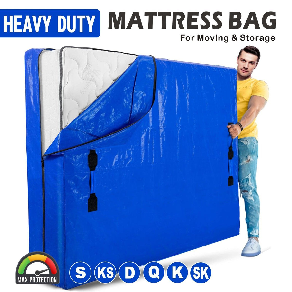 Mattress Bag Mattresses Protector Plastic Moving Storage Dust Cover Carry Bed Waterproof Zipper Packing Reusable Disposal, Extra Thick Heavy Duty, with Handles(Single)