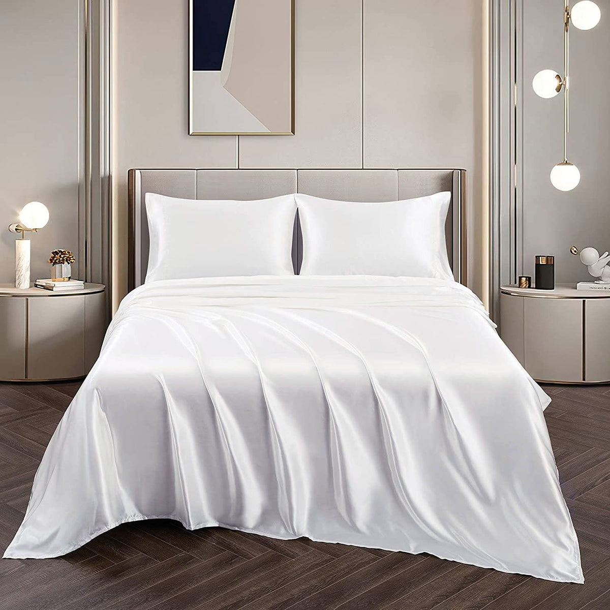 Art Silk Satin Sheet Set Hotel 4 Pieces Fitted/Flat Sheet Bedding Set-Luxury Soft Silky Sheets for Hair and Skin, Similar to Silk Bed Sheets Set 4 Pieces(King,White)