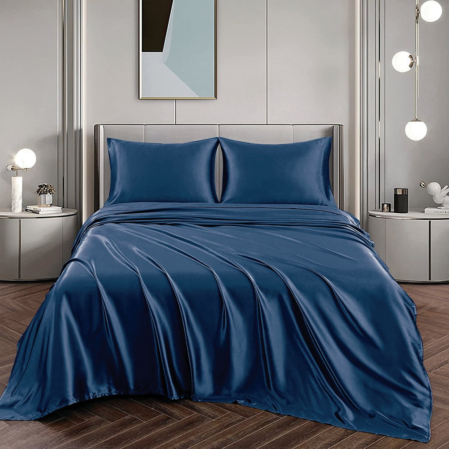 Art Silk Satin Sheet Set Hotel 4 Pieces Fitted/Flat Sheet Bedding Set-Luxury Soft Silky Sheets for Hair and Skin, Similar to Silk Bed Sheets Set 4 Pieces(King,Navy)