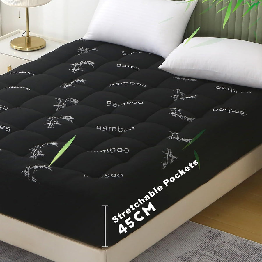 800GSM Mattress Topper Viscose Derived from Bamboo, Thick Pillowtop Fitted Mattress Cover with 45cm Deep Skirt - Machine Washable Hypoallergenic(Super King,Black)