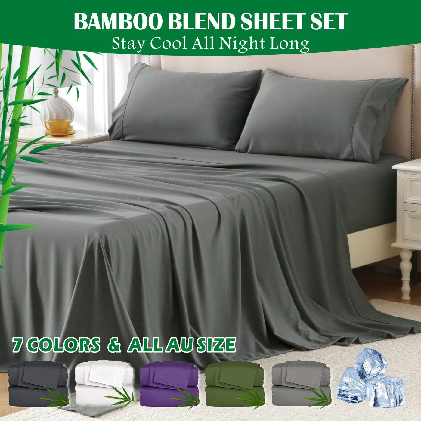 4 Piece Hotel Bamboo Cooling Sheet Set -Ultra Soft 2000TC Breathable Bed Sheets Set with 37 Centimetre Deep Pocket-Cooling Sheets for Hot Sleepers(Grey,Double)