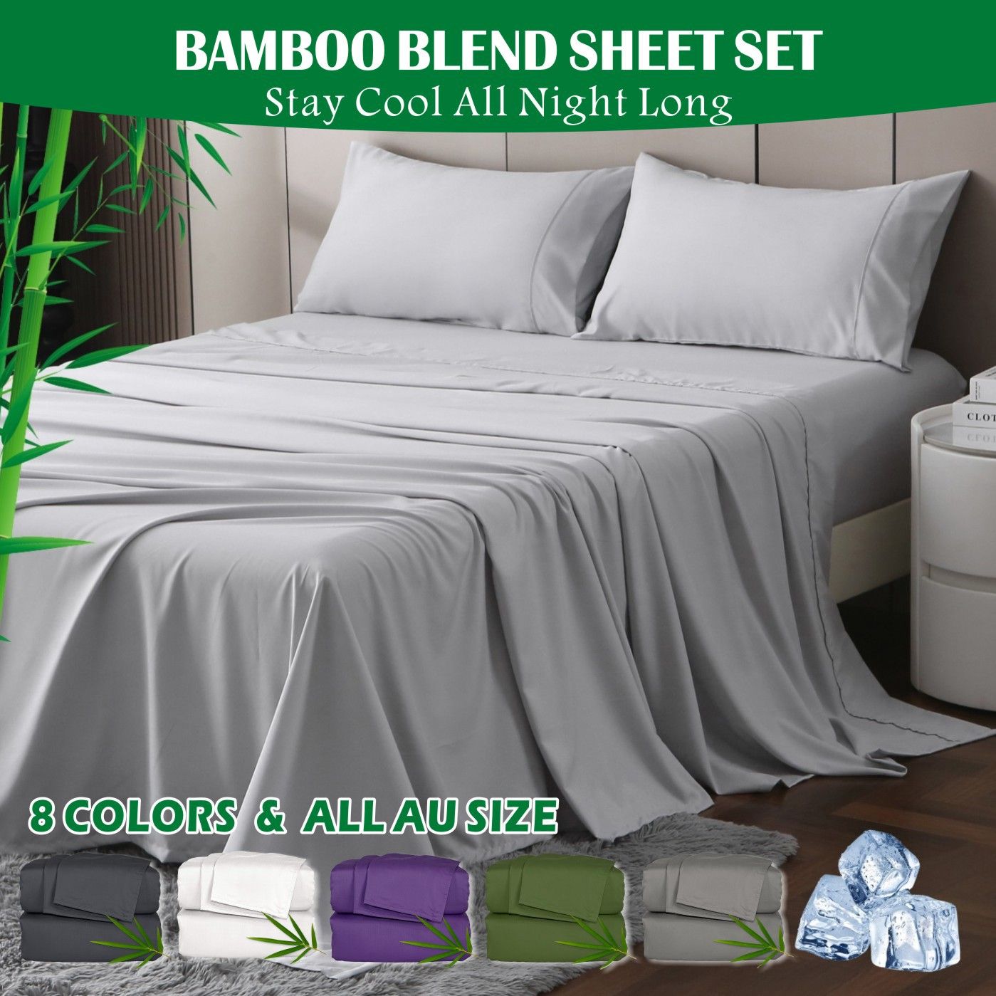 3 Piece Hotel Bamboo Cooling Sheet Set -Ultra Soft 2000TC Breathable Bed Sheets Set with 37 Centimetre Deep Pocket-Cooling Sheets for Hot Sleepers(Silver-gray,King Single)