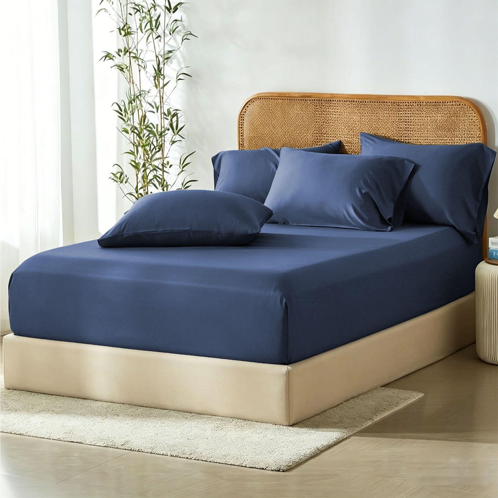 3 Piece Hotel Bamboo Cooling Fitted Sheet Set & Pillowcase -Ultra Soft 2000TC Breathable Fitted Bed Sheets Set with 37 Centimetre Deep Pocket-Cooling Sheets for Hot Sleepers(Navy,Super King)
