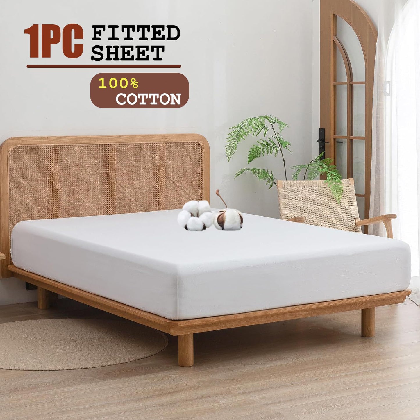 100% Cotton Fitted Sheet - Super Soft 40cm Deep Pocket Bottom Sheets - White Elastic Sheet（Double,White)