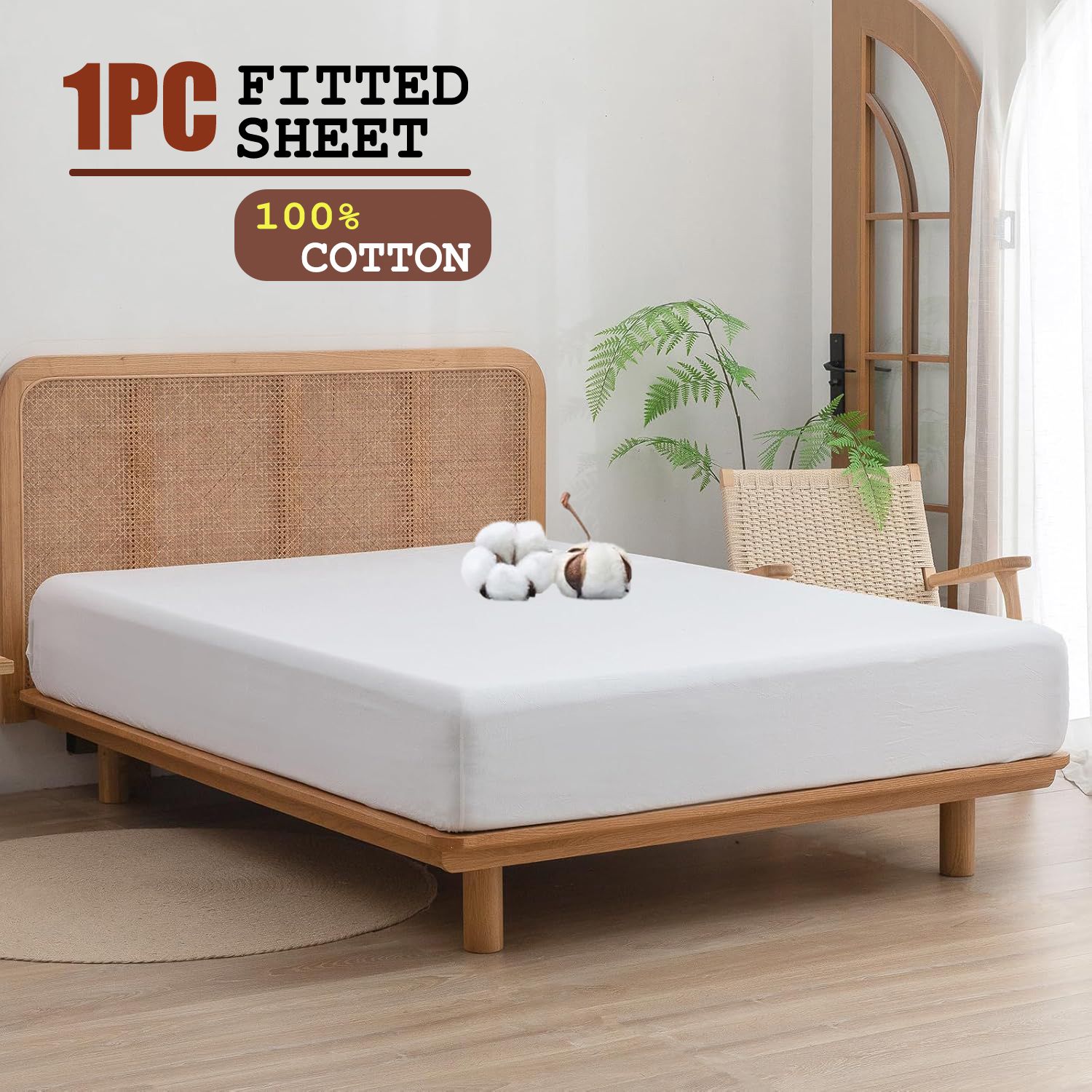 100% Cotton Fitted Sheet - Super Soft 40cm Deep Pocket Bottom Sheets - White Elastic Sheet（King Single,White)