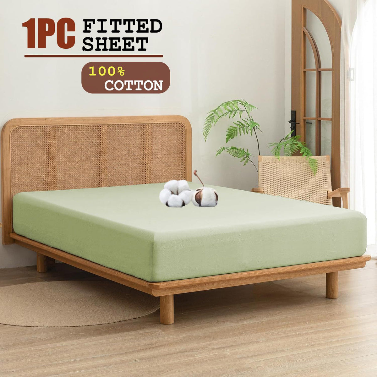 100% Cotton Fitted Sheet - Super Soft 40cm Deep Pocket Bottom Sheets - White Elastic Sheet（Super King,Green beans)