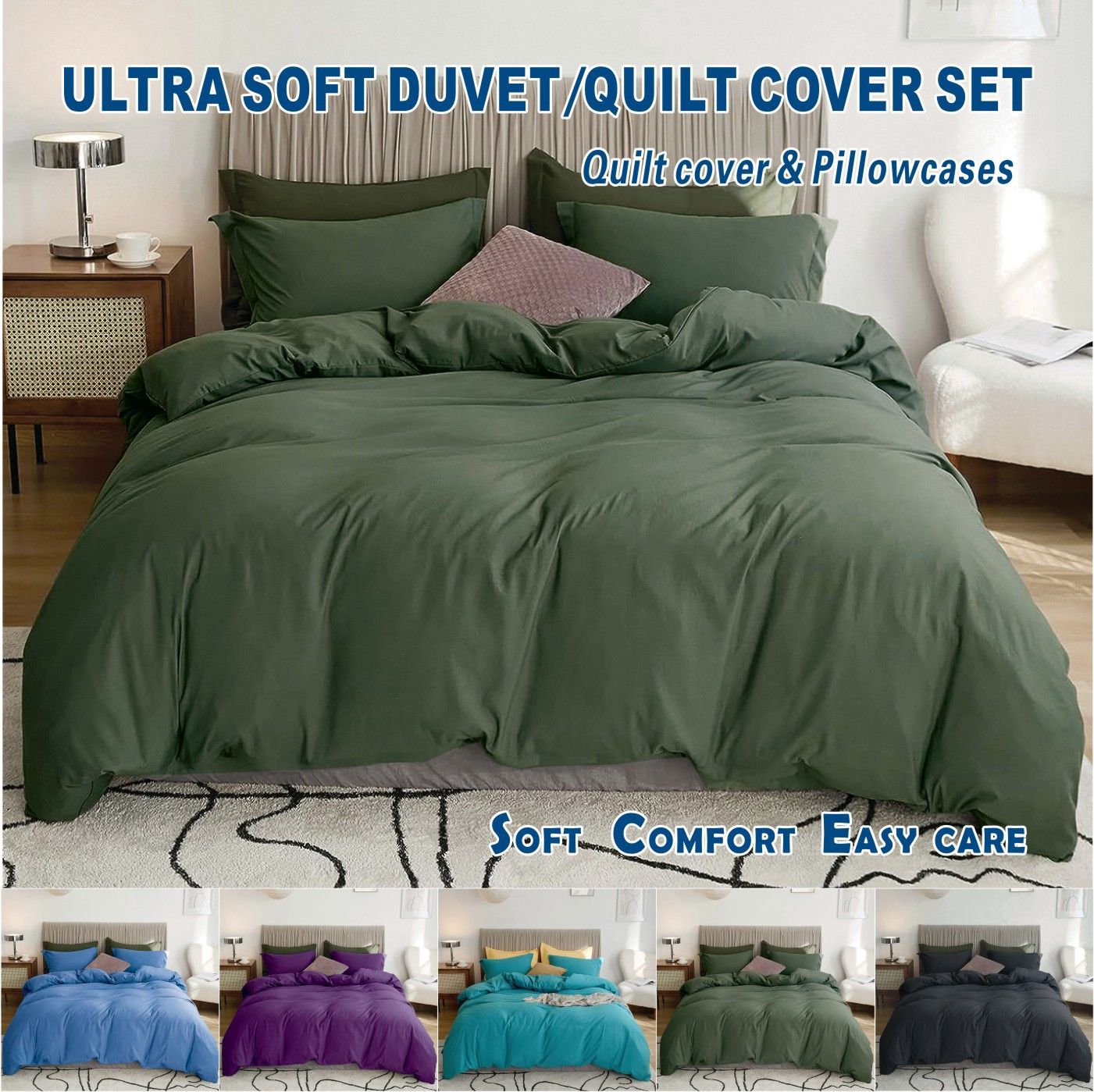 3 Piece Hotel Soft Microfiber Quilt Cover Set-2000TC Duvet/Donna Cover Set & Pillowcases -1 Quilt Cover Zipper Closure & 1 x Pillowcases-Breathable Bedding - Wrinkle, Fade, Stain Resistant(Olive green,Double)