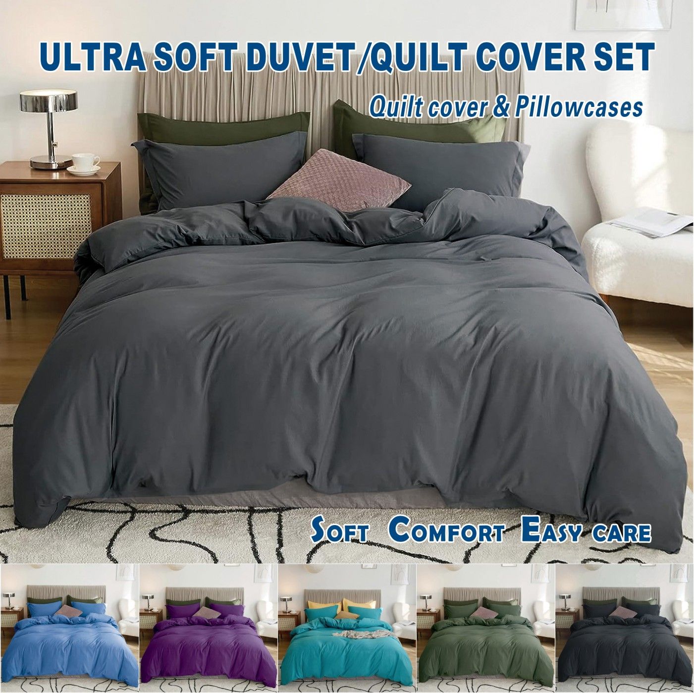 3 Piece Hotel Soft Microfiber Quilt Cover Set-2000TC Duvet/Donna Cover Set & Pillowcases -1 Quilt Cover Zipper Closure & 1 x Pillowcases-Breathable Bedding - Wrinkle, Fade, Stain Resistant(Dark gray,King)