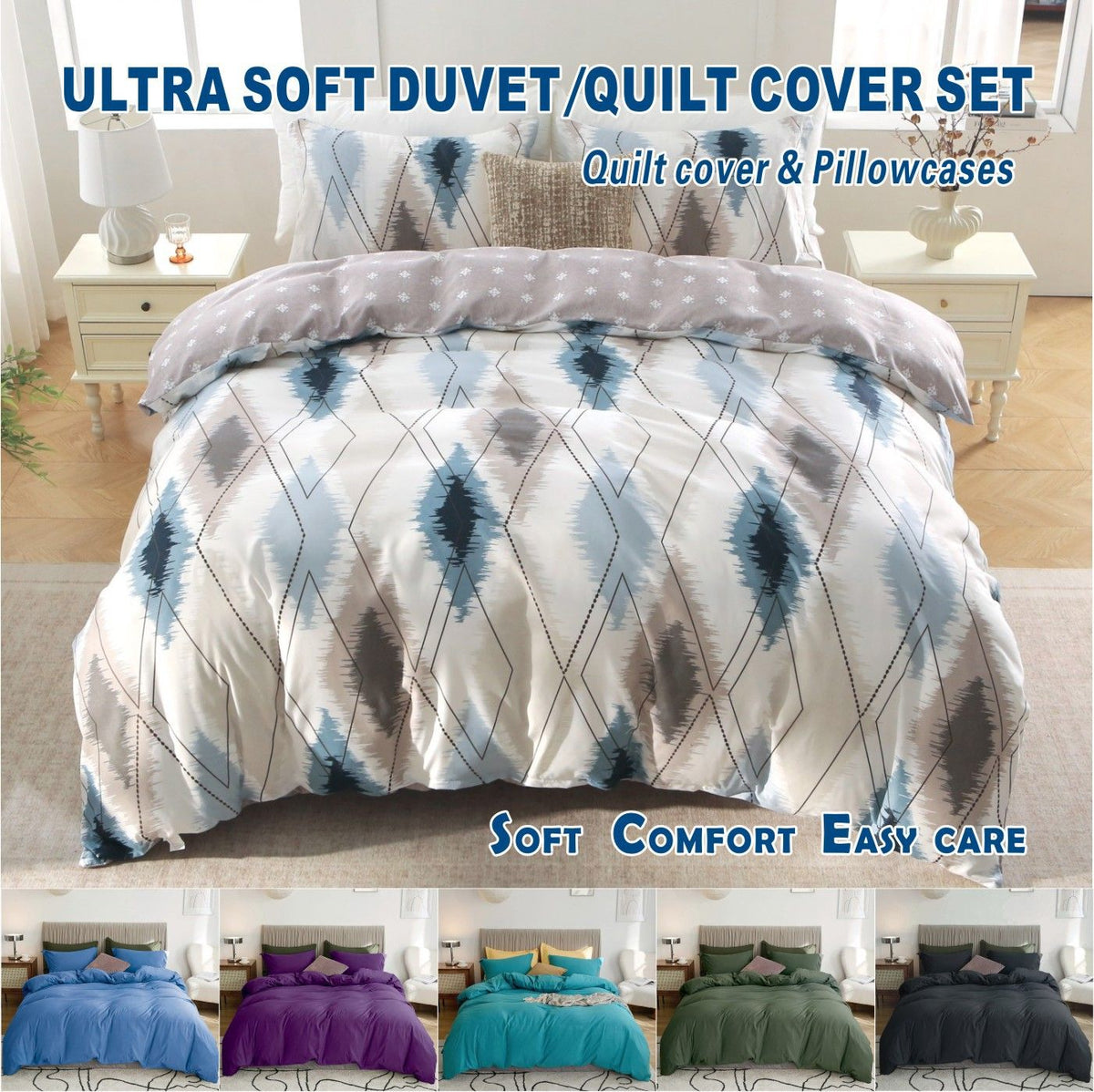 3 Piece Hotel Soft Microfiber Quilt Cover Set-2000TC Duvet/Donna Cover Set & Pillowcases -1 Quilt Cover Zipper Closure & 1 x Pillowcases-Breathable Bedding - Wrinkle, Fade, Stain Resistant(Modern Geometric,King)