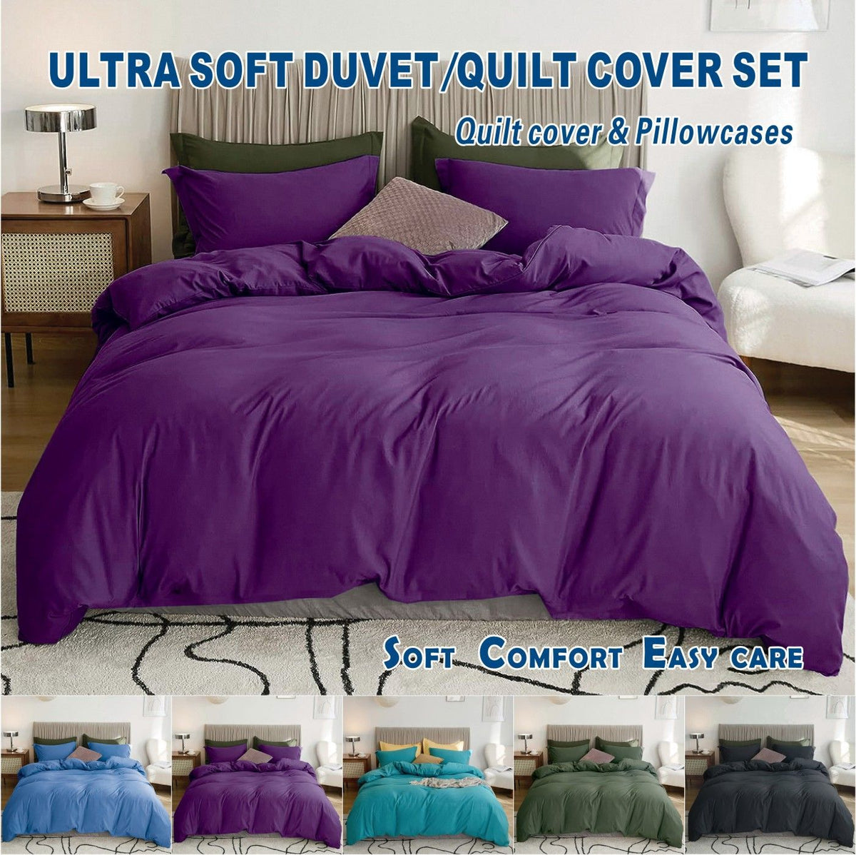 3 Piece Hotel Soft Microfiber Quilt Cover Set-2000TC Duvet/Donna Cover Set & Pillowcases -1 Quilt Cover Zipper Closure & 1 x Pillowcases-Breathable Bedding - Wrinkle, Fade, Stain Resistant(Purple,King)