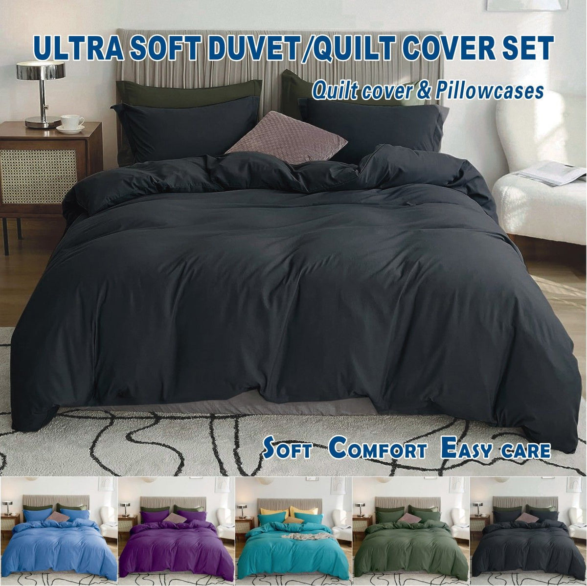 3 Piece Hotel Soft Microfiber Quilt Cover Set-2000TC Duvet/Donna Cover Set & Pillowcases -1 Quilt Cover Zipper Closure & 1 x Pillowcases-Breathable Bedding - Wrinkle, Fade, Stain Resistant(Black,Queen)