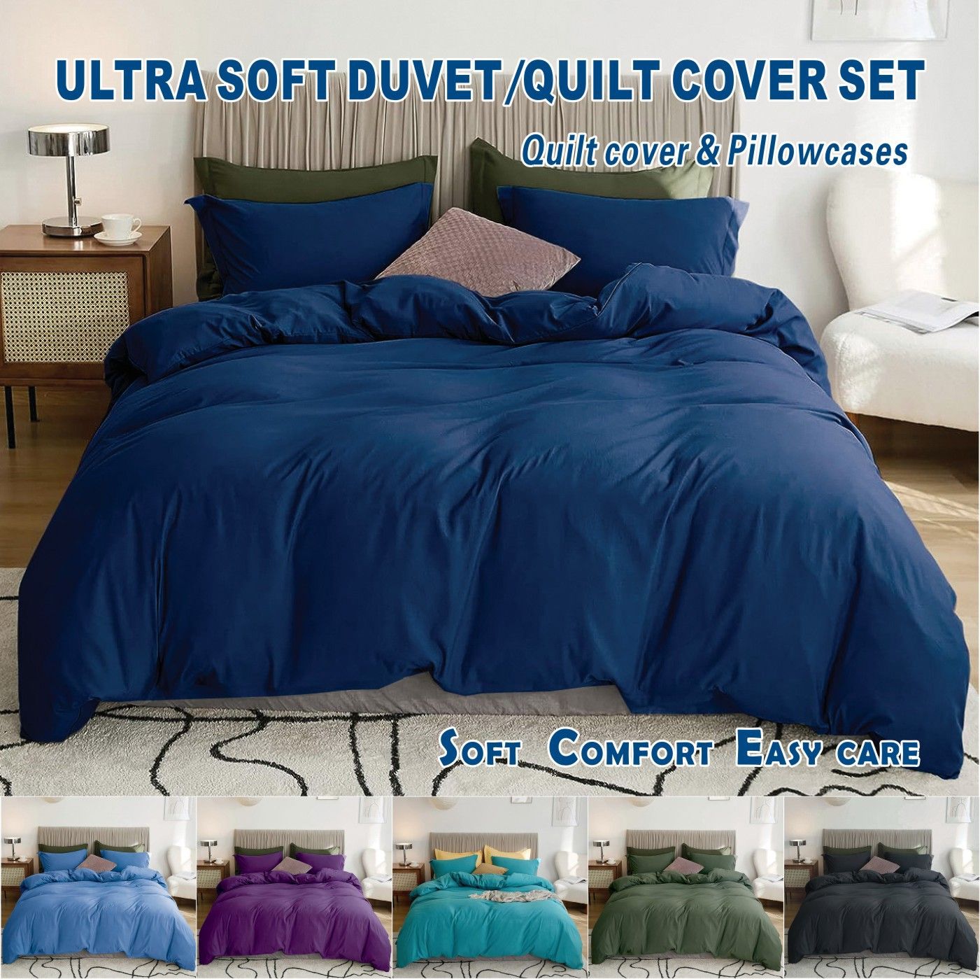 3 Piece Hotel Soft Microfiber Quilt Cover Set-2000TC Duvet/Donna Cover Set & Pillowcases -1 Quilt Cover Zipper Closure & 1 x Pillowcases-Breathable Bedding - Wrinkle, Fade, Stain Resistant(Navy,Queen)