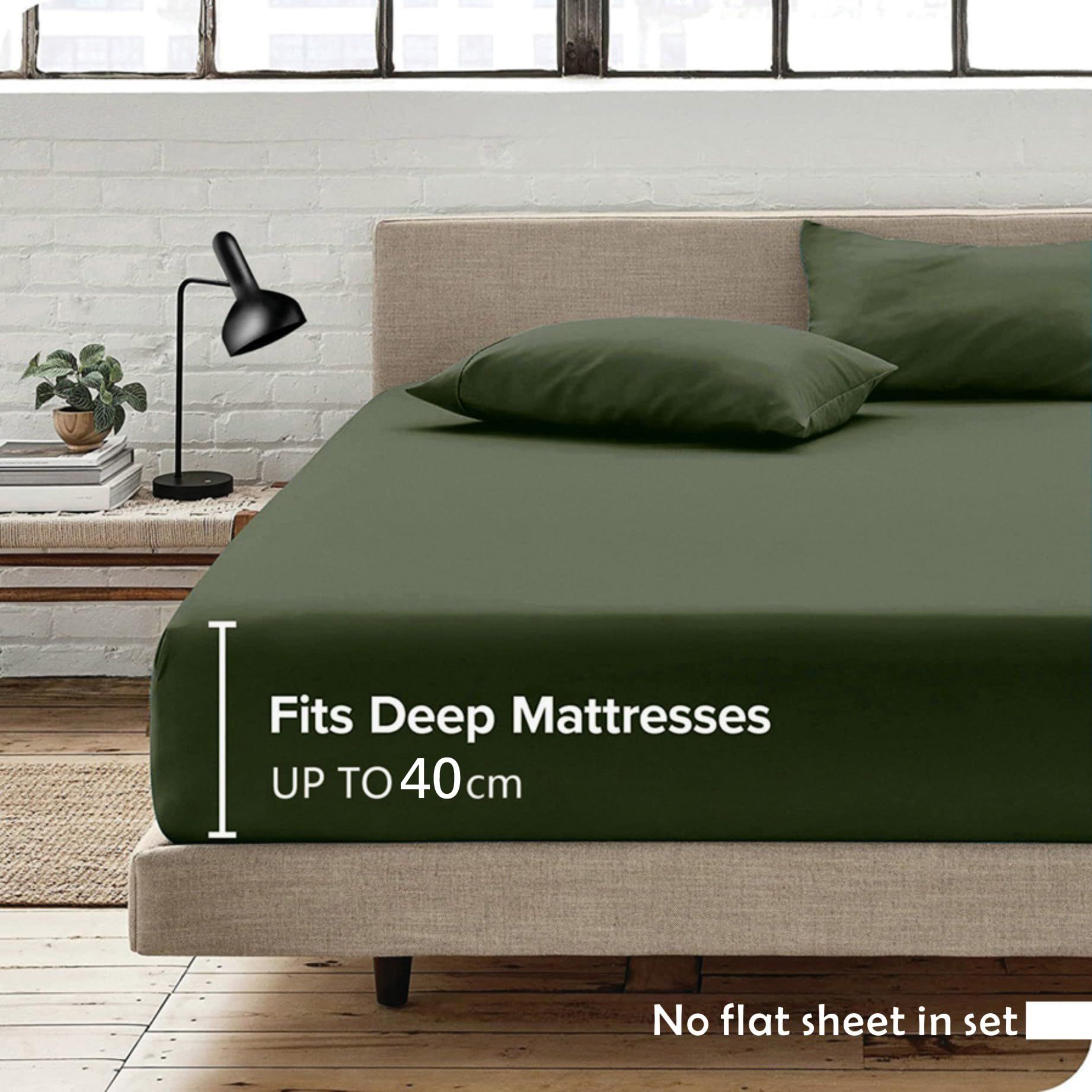 3 Piece Fitted Sheet Set- Fitted Sheet & Pillowcases -Breathable Bedding - Wrinkle, Fade, Stain Resistant- 40cm Deep Pocket Fitted Bed Sheet Set(Olive green,Queen)