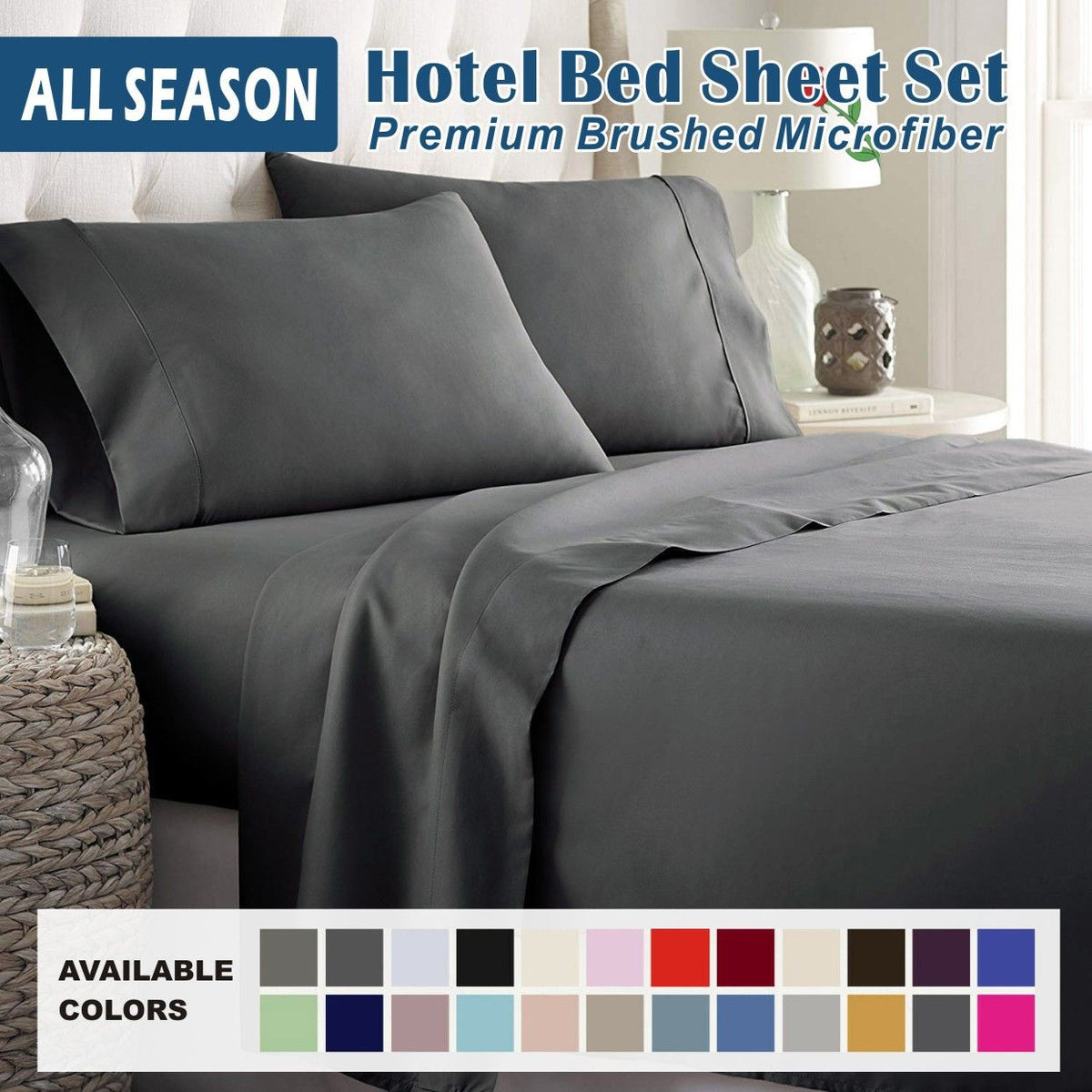 4 Piece Bed Sheet Set- Bedding Sheets & Pillowcases -Breathable Bedding - Wrinkle, Fade, Stain Resistant-Deep Pocket Flat Fitted Bed Sheet Set(Dark gray,Queen)