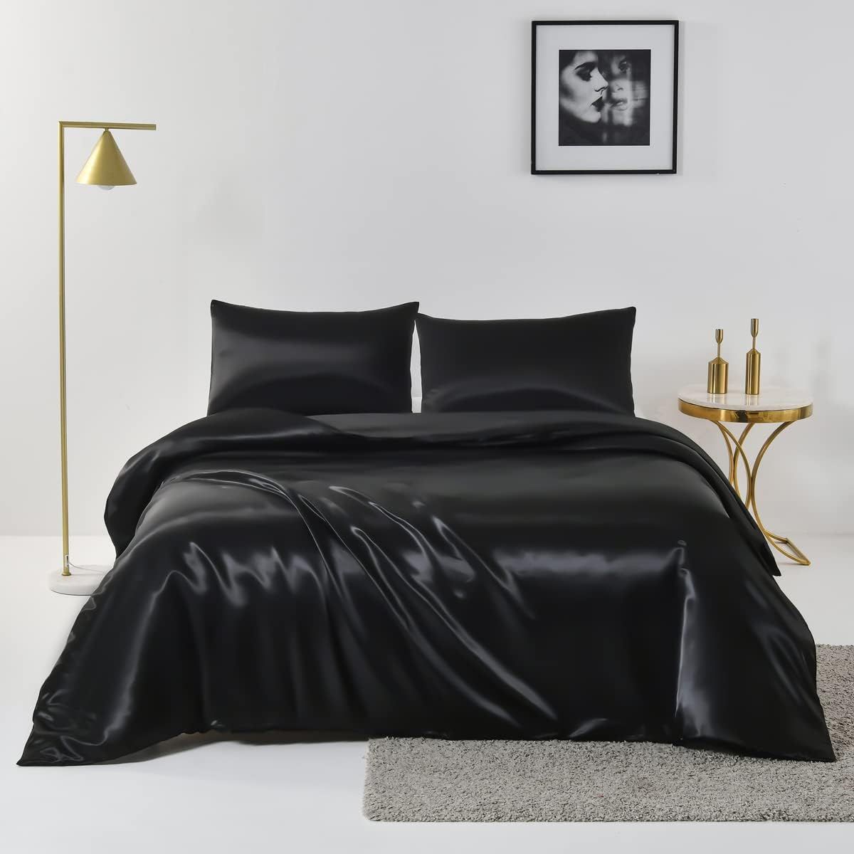 Satin Quilt cover Set Hotel 3 Pieces Quilt cover with Pillowcase, Art Silk Bedding Set-Luxury Soft Silky pillowcase for Hair and Skin, Similar to Silk Duvet/Donna Cover Set- 3 Pieces(Double,Black)