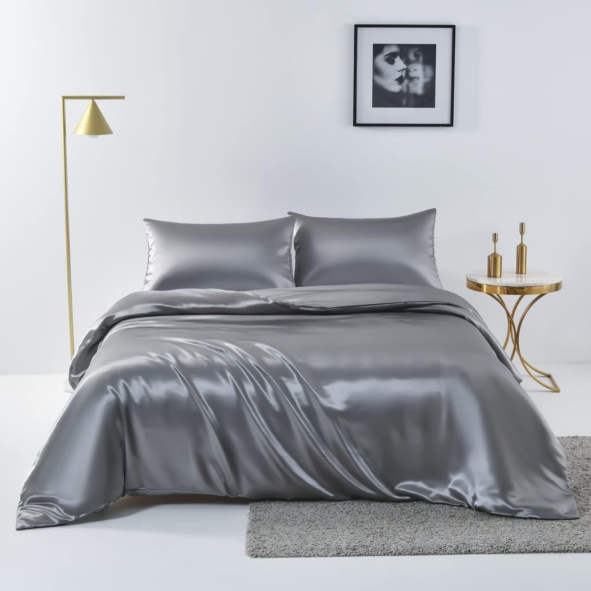 Satin Quilt cover Set Hotel 3 Pieces Quilt cover with Pillowcase, Art Silk Bedding Set-Luxury Soft Silky pillowcase for Hair and Skin, Similar to Silk Duvet/Donna Cover Set- 3 Pieces(Double,Grey)