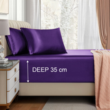 Satin Fitted Sheet Set Hotel 3 Pieces Fitted Sheet with Pillowcase, Art Silk Bedding Set-Luxury Soft Silky Sheets for Hair and Skin, Similar to Silk Fitted Sheets Set 3 Pieces(Double,Purple)