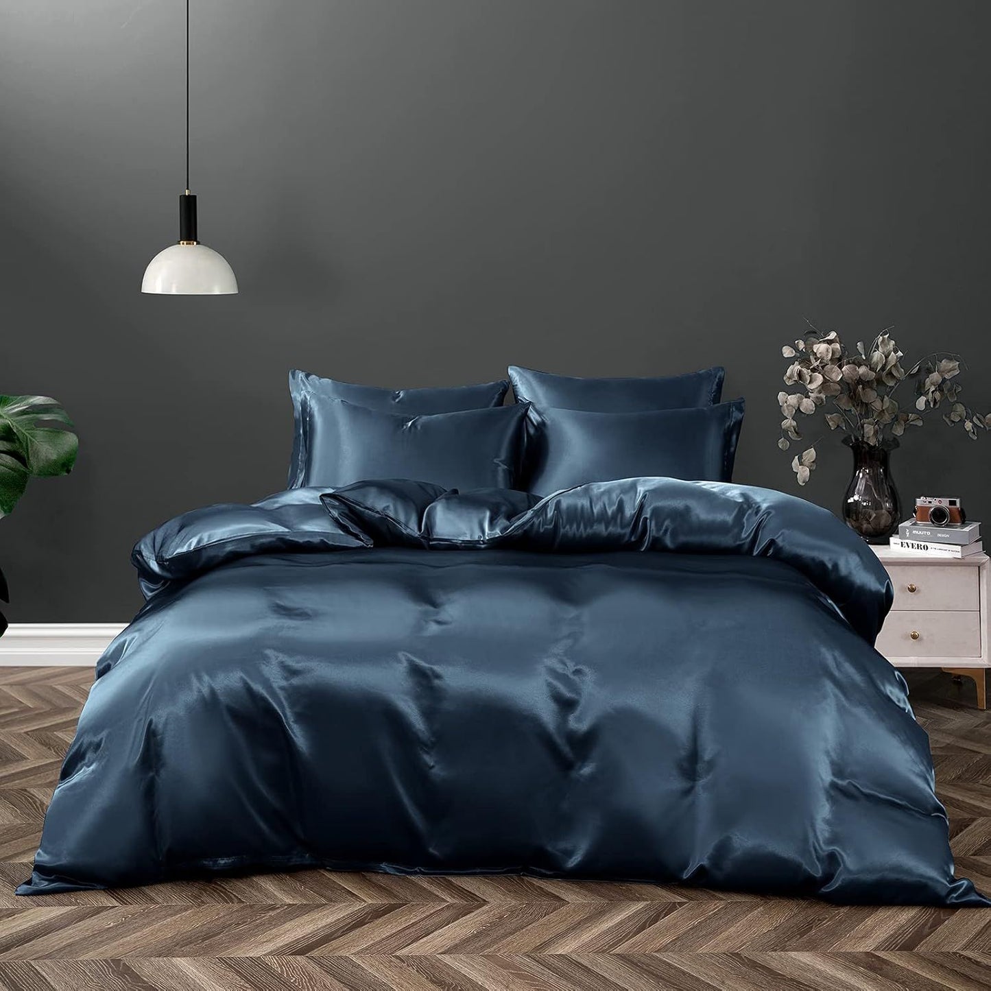 Satin Quilt cover Set Hotel 3 Pieces Quilt cover with Pillowcase, Art Silk Bedding Set-Luxury Soft Silky pillowcase for Hair and Skin, Similar to Silk Duvet/Donna Cover Set- 3 Pieces(King,Navy)