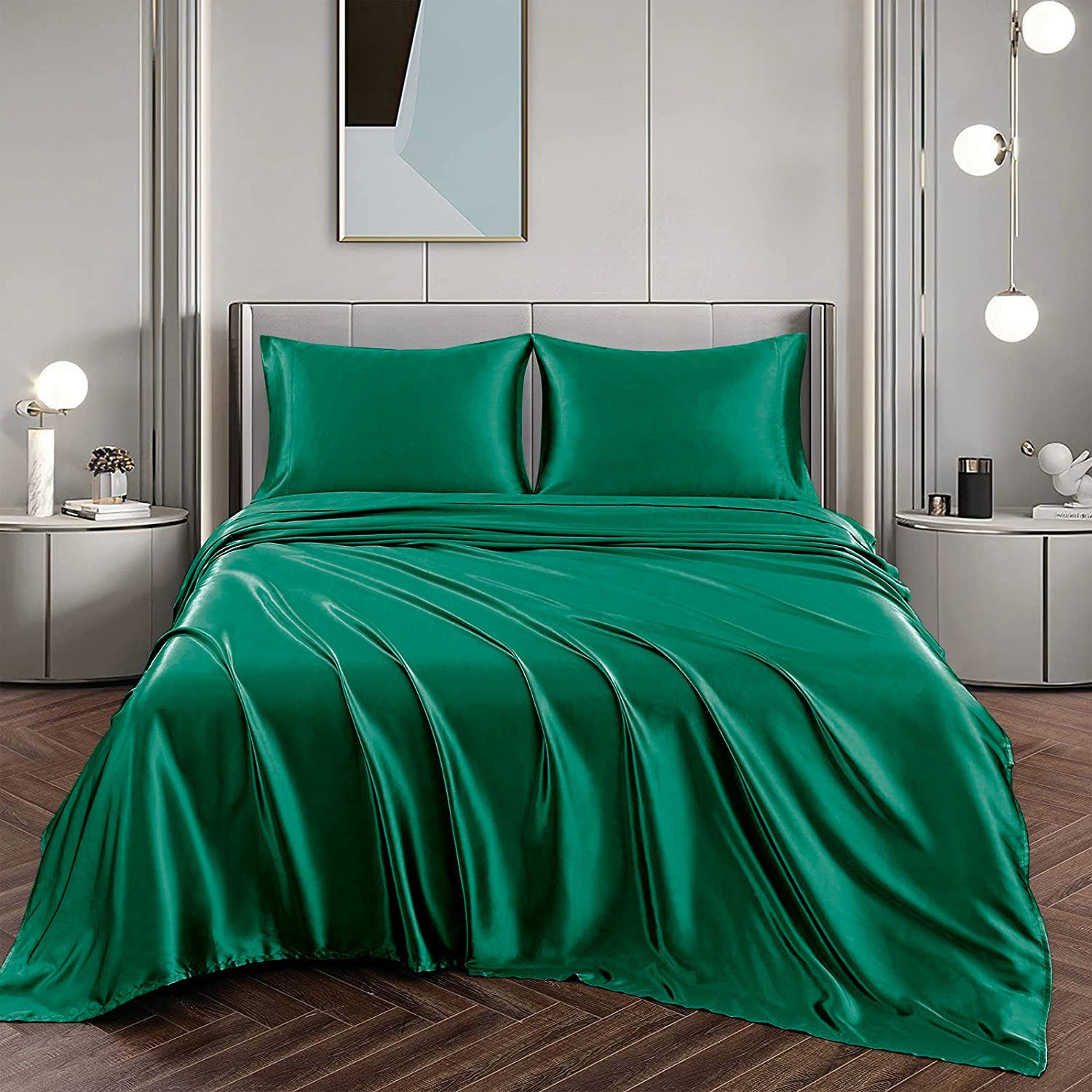 Art Silk Satin Sheet Set Hotel 4 Pieces Fitted/Flat Sheet Bedding Set-Luxury Soft Silky Sheets for Hair and Skin, Similar to Silk Bed Sheets Set 4 Pieces(King,Green)