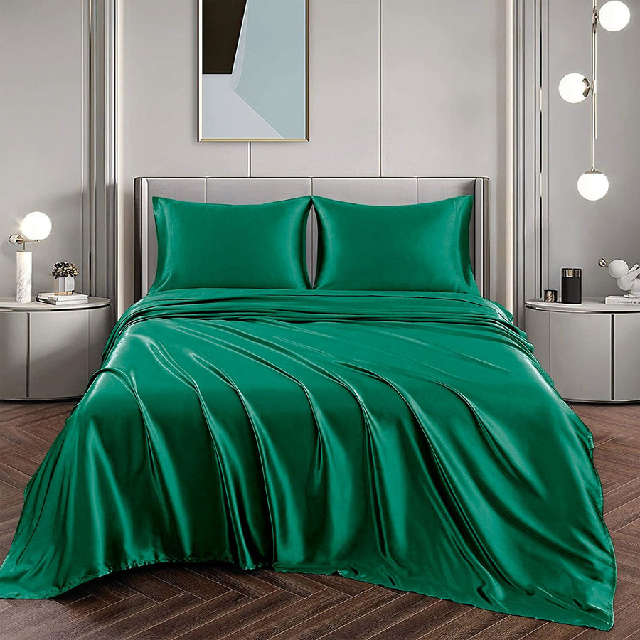 Art Silk Satin Sheet Set Hotel 4 Pieces Fitted/Flat Sheet Bedding Set-Luxury Soft Silky Sheets for Hair and Skin, Similar to Silk Bed Sheets Set 4 Pieces(King,Green)