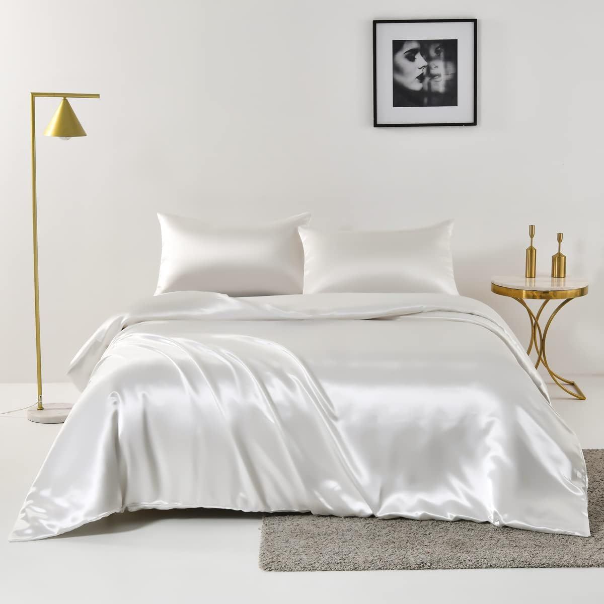 Satin Quilt cover Set Hotel 3 Pieces Quilt cover with Pillowcase, Art Silk Bedding Set-Luxury Soft Silky pillowcase for Hair and Skin, Similar to Silk Duvet/Donna Cover Set- 3 Pieces(Super King,White)