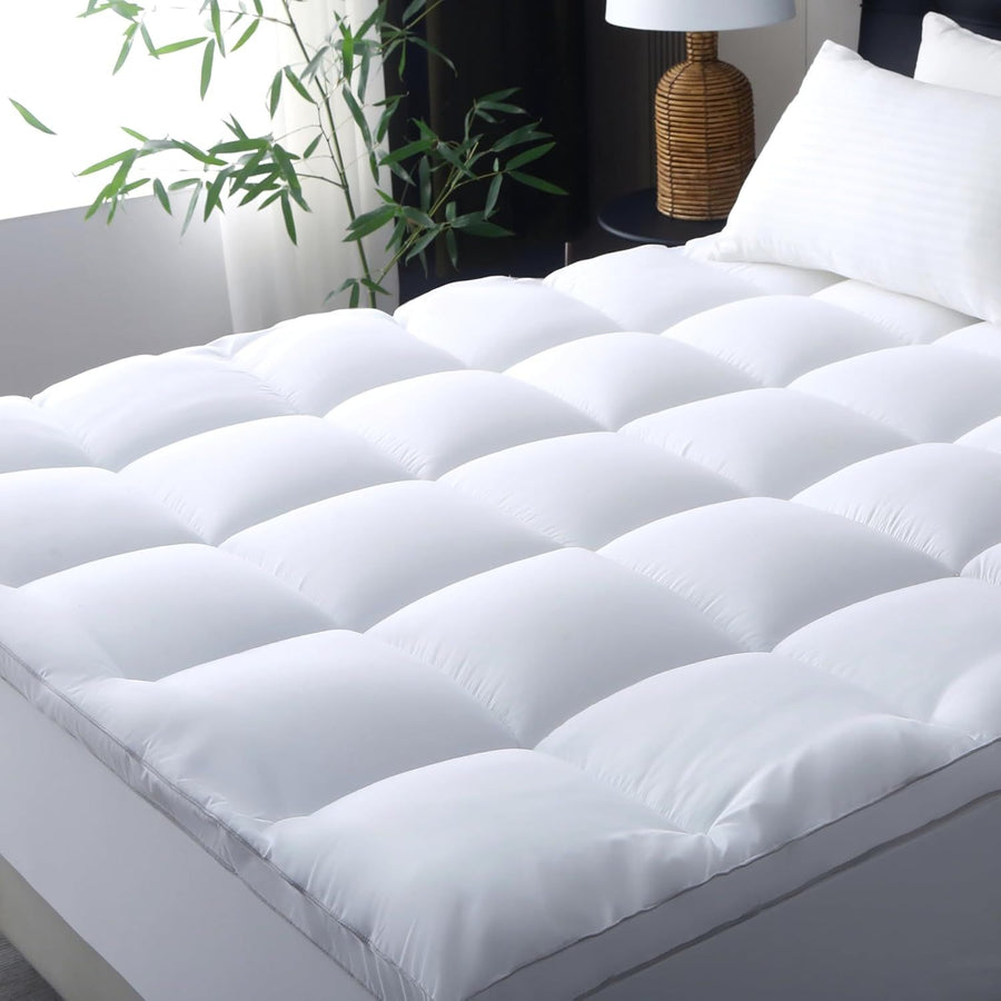 1000GSM Mattress Topper Viscose Derived from Bamboo, Thick Pillowtop Fitted Mattress Cover with 45cm Deep Skirt - Machine Washable Hypoallergenic(Double,Black)