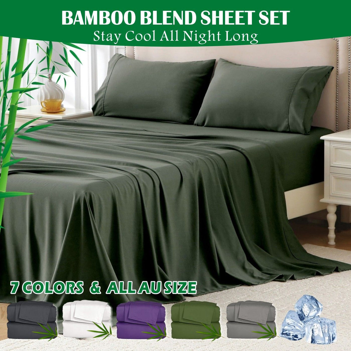 4 Piece Hotel Bamboo Cooling Sheet Set -Ultra Soft 2000TC Breathable Bed Sheets Set with 37 Centimetre Deep Pocket-Cooling Sheets for Hot Sleepers(Olive green,King)