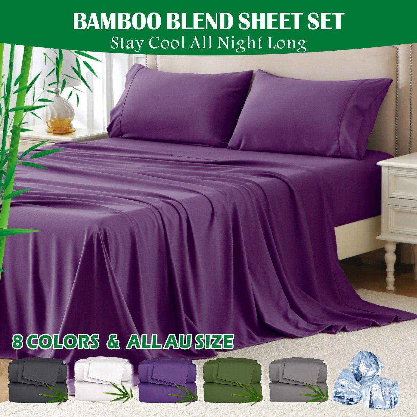 3 Piece Hotel Bamboo Cooling Sheet Set -Ultra Soft 2000TC Breathable Bed Sheets Set with 37 Centimetre Deep Pocket-Cooling Sheets for Hot Sleepers(Purple,King Single)