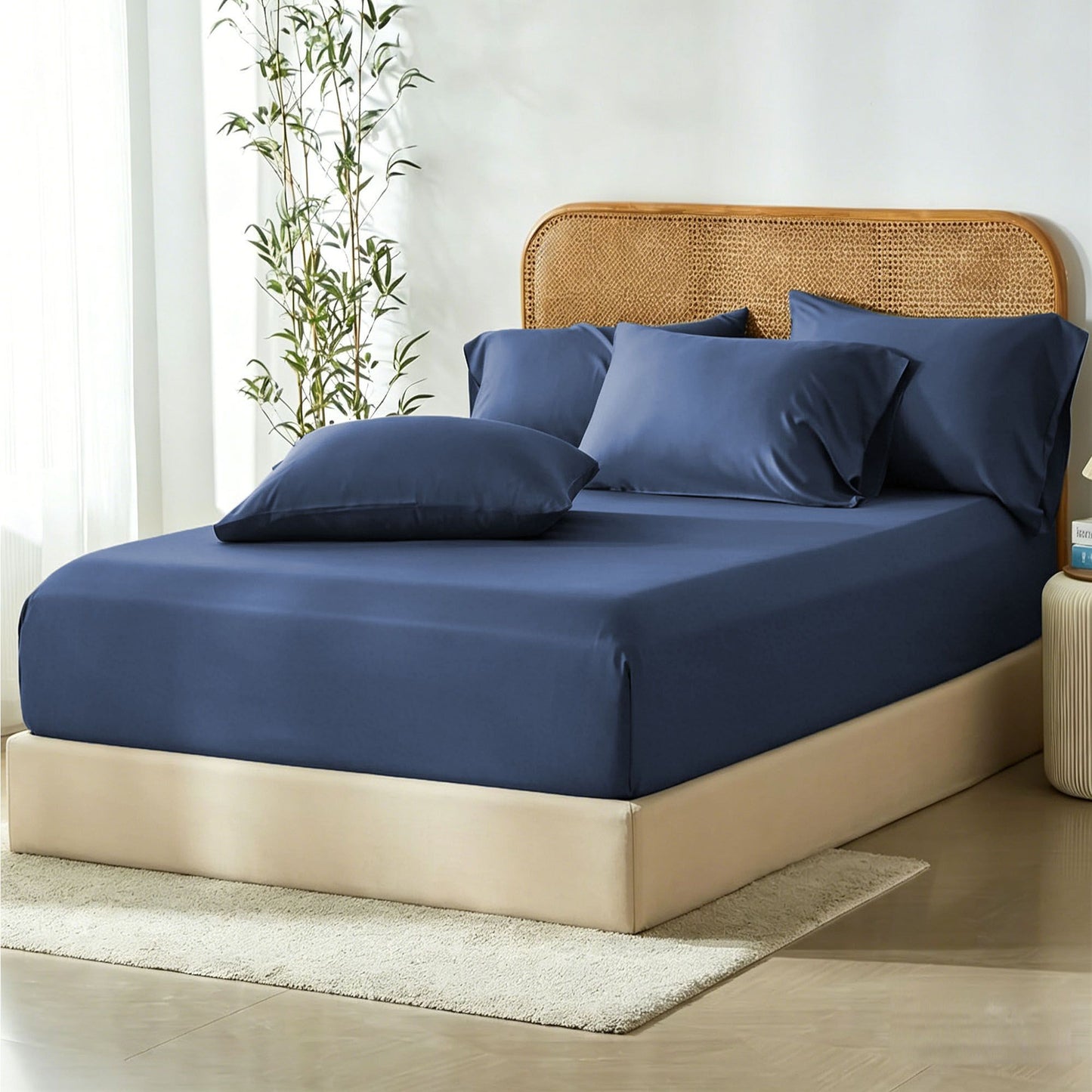 3 Piece Hotel Bamboo Cooling Fitted Sheet Set & Pillowcase -Ultra Soft 2000TC Breathable Fitted Bed Sheets Set with 37 Centimetre Deep Pocket-Cooling Sheets for Hot Sleepers(Navy,Queen)