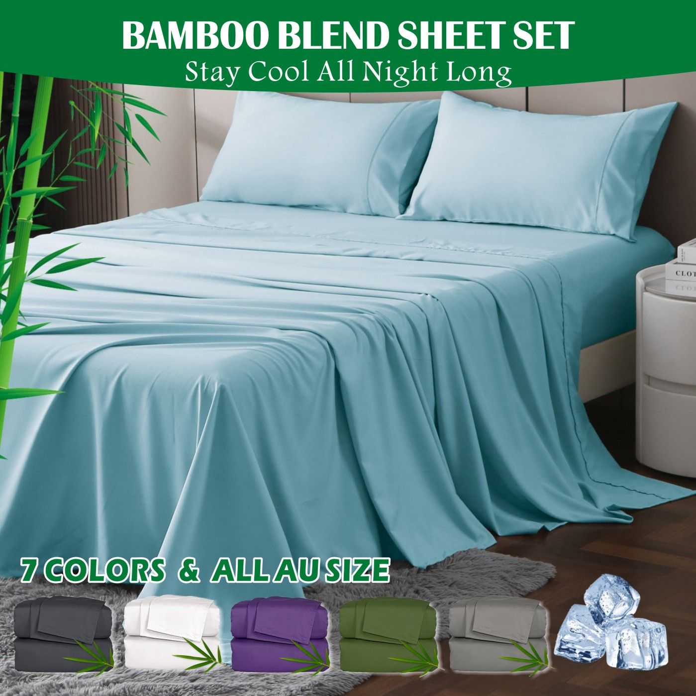 3 Piece Hotel Bamboo Cooling Sheet Set -Ultra Soft 2000TC Breathable Bed Sheets Set with 37 Centimetre Deep Pocket-Cooling Sheets for Hot Sleepers(Sky Blue,Single)
