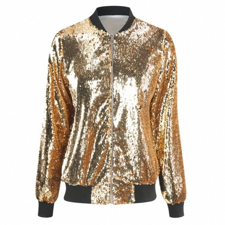 Women Sequin Baseball Jacket HANCY Loose Polyester Gold XL