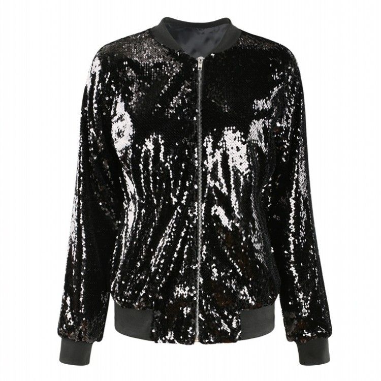 Women Sequin Baseball Jacket HANCY Loose Polyester Black L European and American explosions