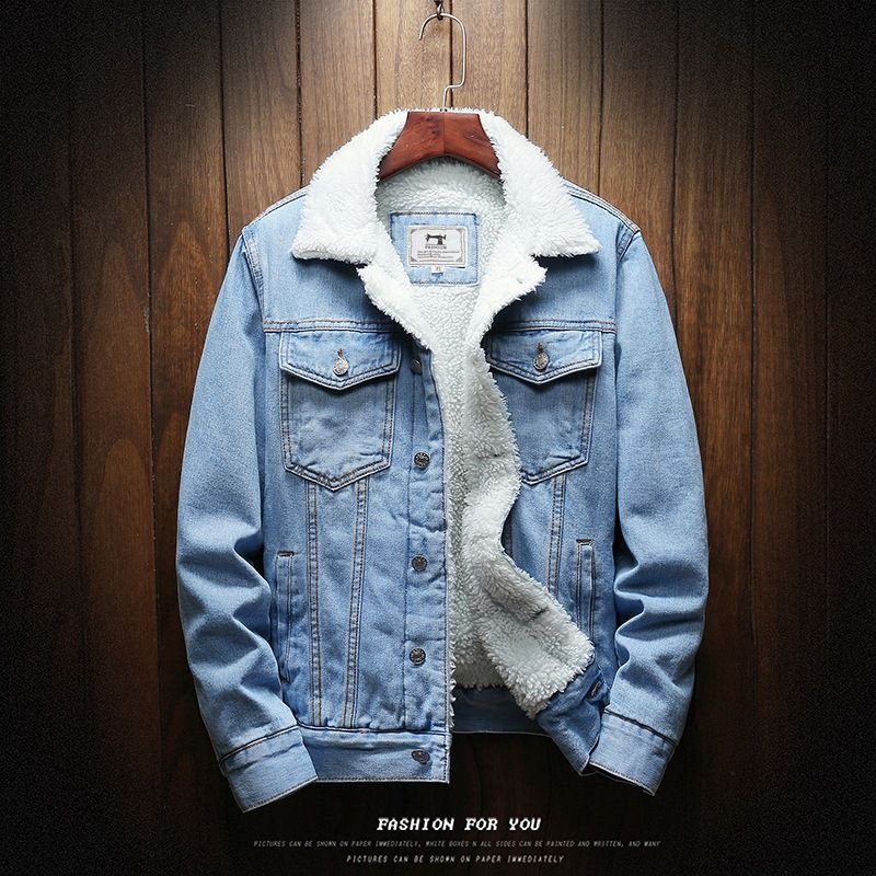 Men Fleece Lined Denim Jacket Korean Style Thick... Light Blue Size: M; Height (cm): 165-170; Weight (kg): 55-65; Bust (cm): 100; Shoulder width (cm): 44; Length (cm): 66; Sleeve length (cm): 60