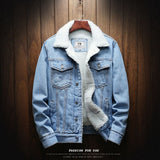 Men Fleece Lined Denim Jacket Korean Style Thick... Light Blue 4XL