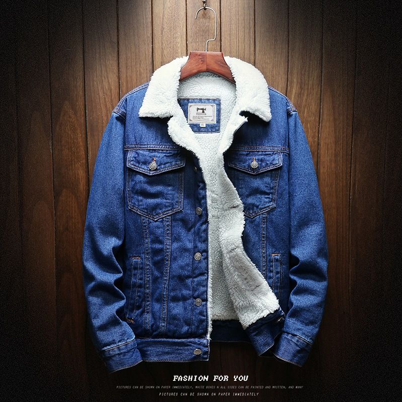 Men Fleece Lined Denim Jacket Korean Style Thick... Dark Blue 5XL