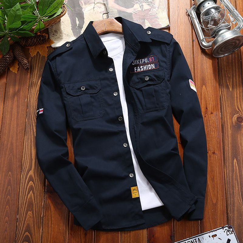 Jekop Men Long Sleeve Cotton Shirt Outdoor Workwear Dark Blue