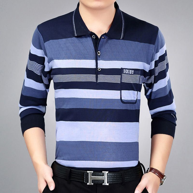 Men Pullover Collar Striped Knitwear Breathable... Silver L