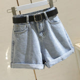High Waist Cotton Denim Shorts Wide Leg White Light blue