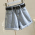 High Waist Cotton Denim Shorts Wide Leg White Light blue