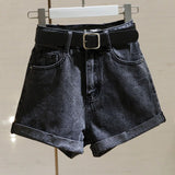 High Waist Cotton Denim Shorts Wide Leg White Black and gray