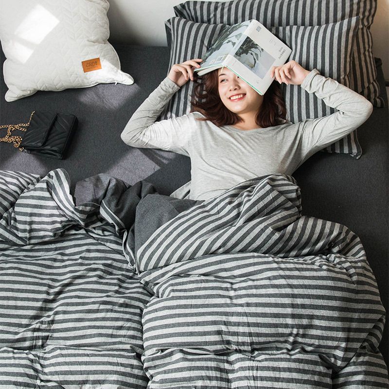 SHANGPIN Cotton Bedding Set Stripe 60 Thread Count 1.5m bed hat [quilt cover 200*230/bed hat 150*200] four-piece set